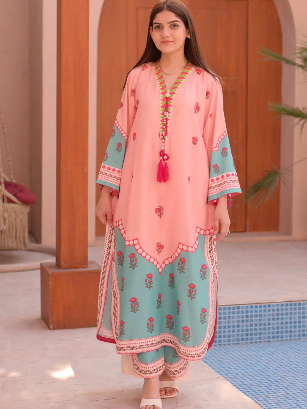 Dil Afroz Peach & Sage Green Print Kaftan Style Co-Ord Set