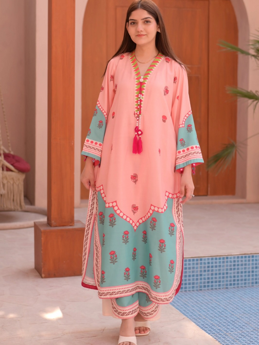 Dil Afroz Peach & Sage Green Print Kaftan Style Co-Ord Set