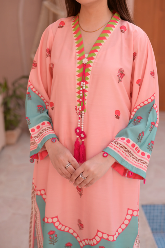 Dil Afroz Peach & Sage Green Print Kaftan Style Co-Ord Set