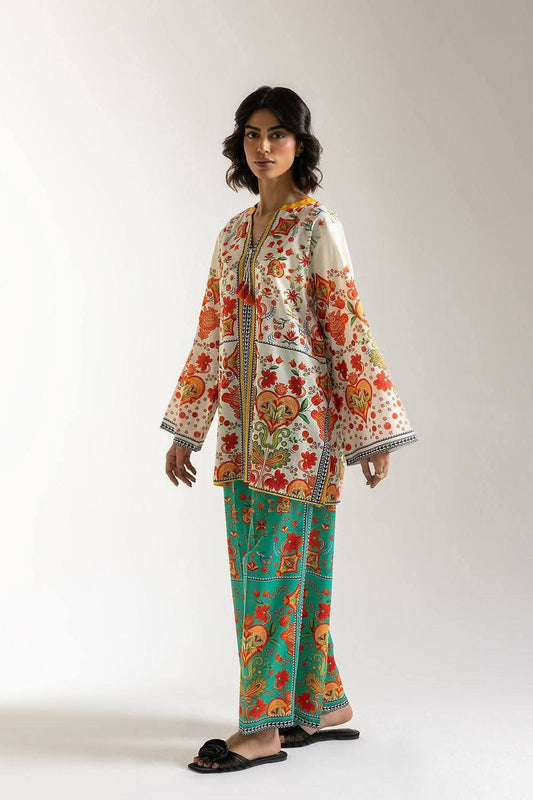 Dil Ruba Ivory Base & Turquoise Trouser Floral Print Co-Ord Set