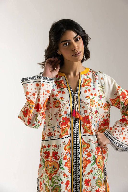 Dil Ruba Ivory Base & Turquoise Trouser Floral Print Co-Ord Set