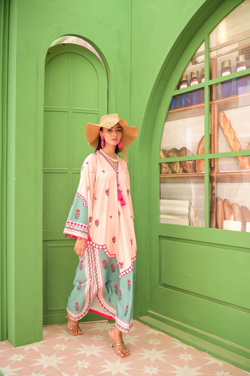 Dil Afroz Peach & Sage Green Print Kaftan Style Co-Ord Set
