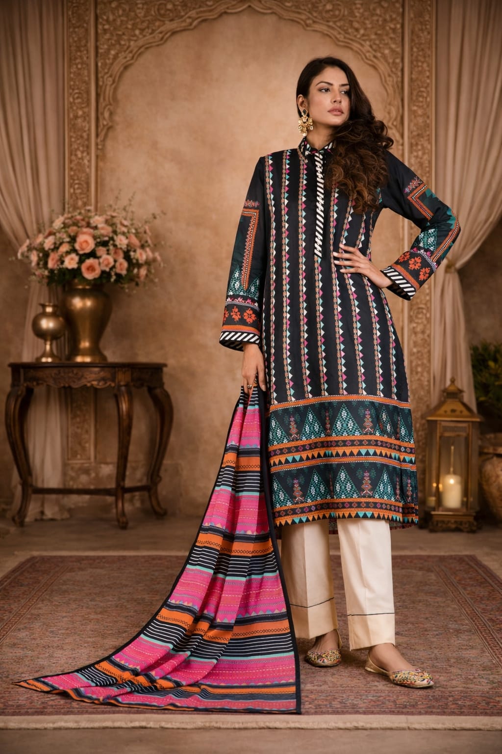 Ebony Geometric Tribal Floral Sleeves Printed Kurta Set