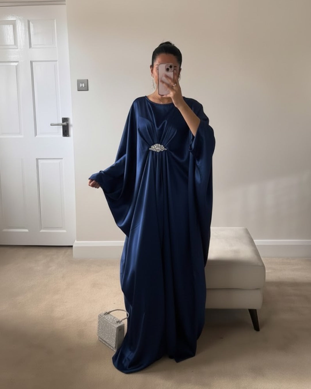 Navy Blue Emerald Pure Silk Kaftan Gown