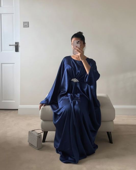 Navy Blue Emerald Pure Silk Kaftan Gown