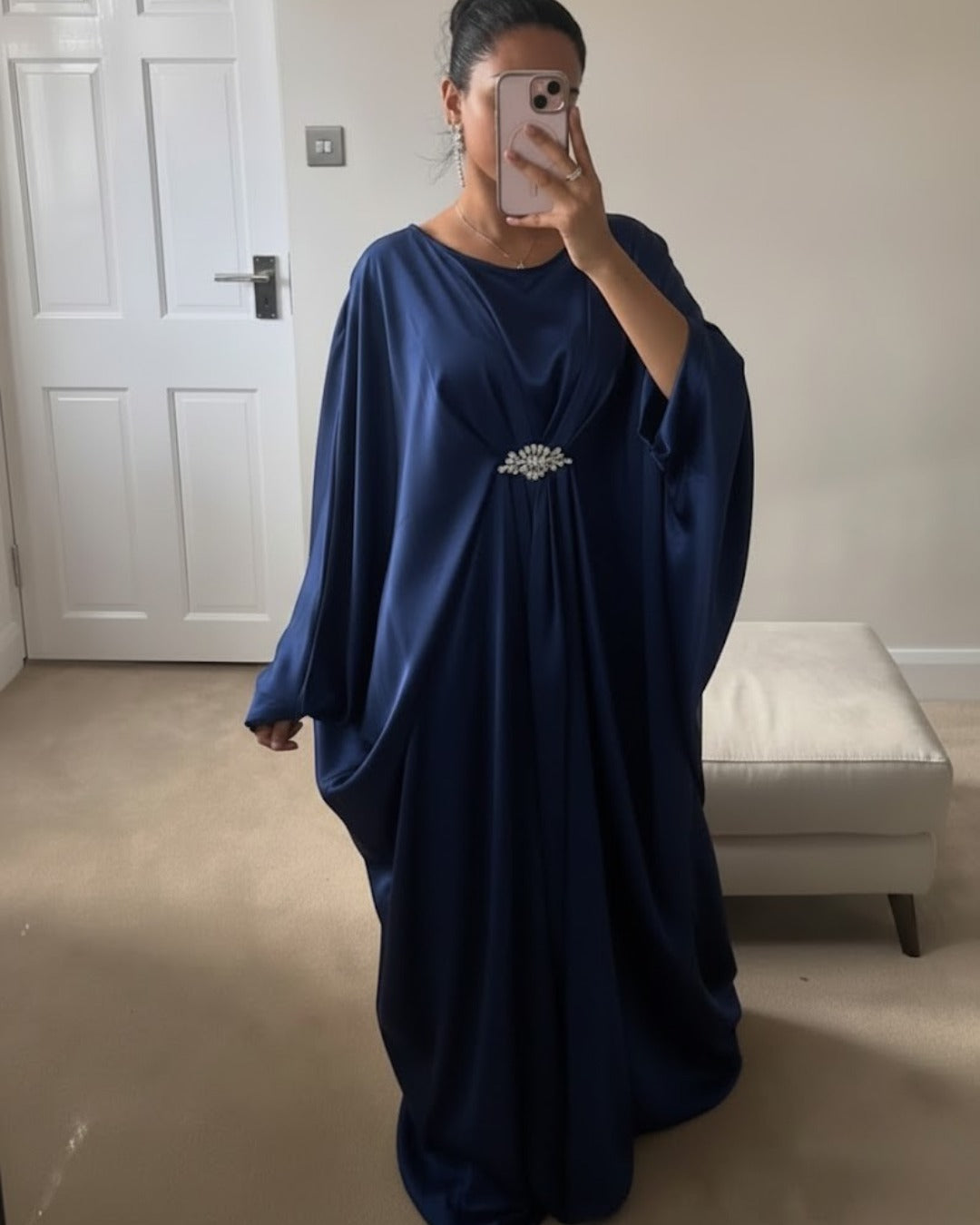 Navy Blue Emerald Pure Silk Kaftan Gown