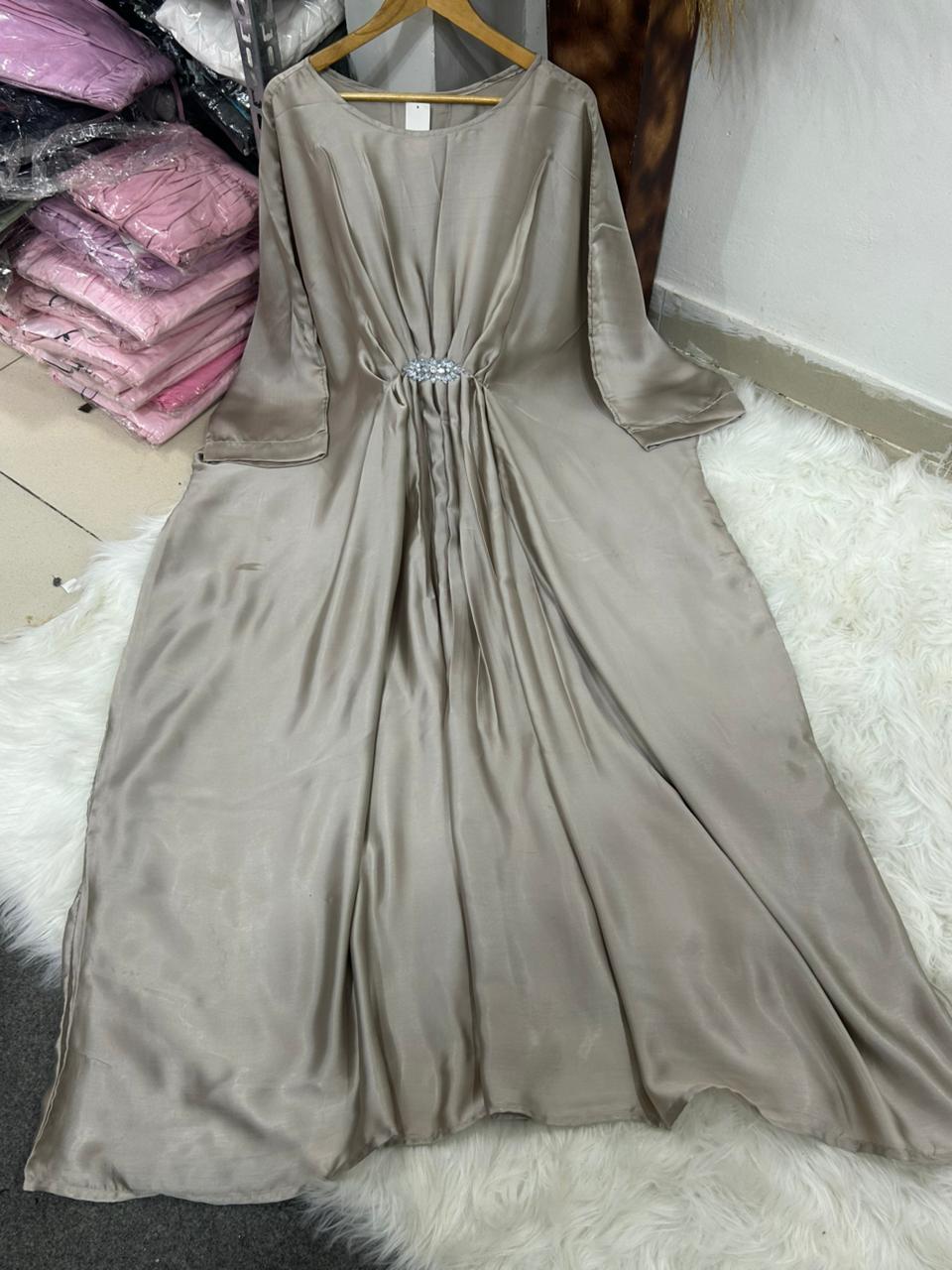 Silver Emerald Pure Silk Kaftan Gown