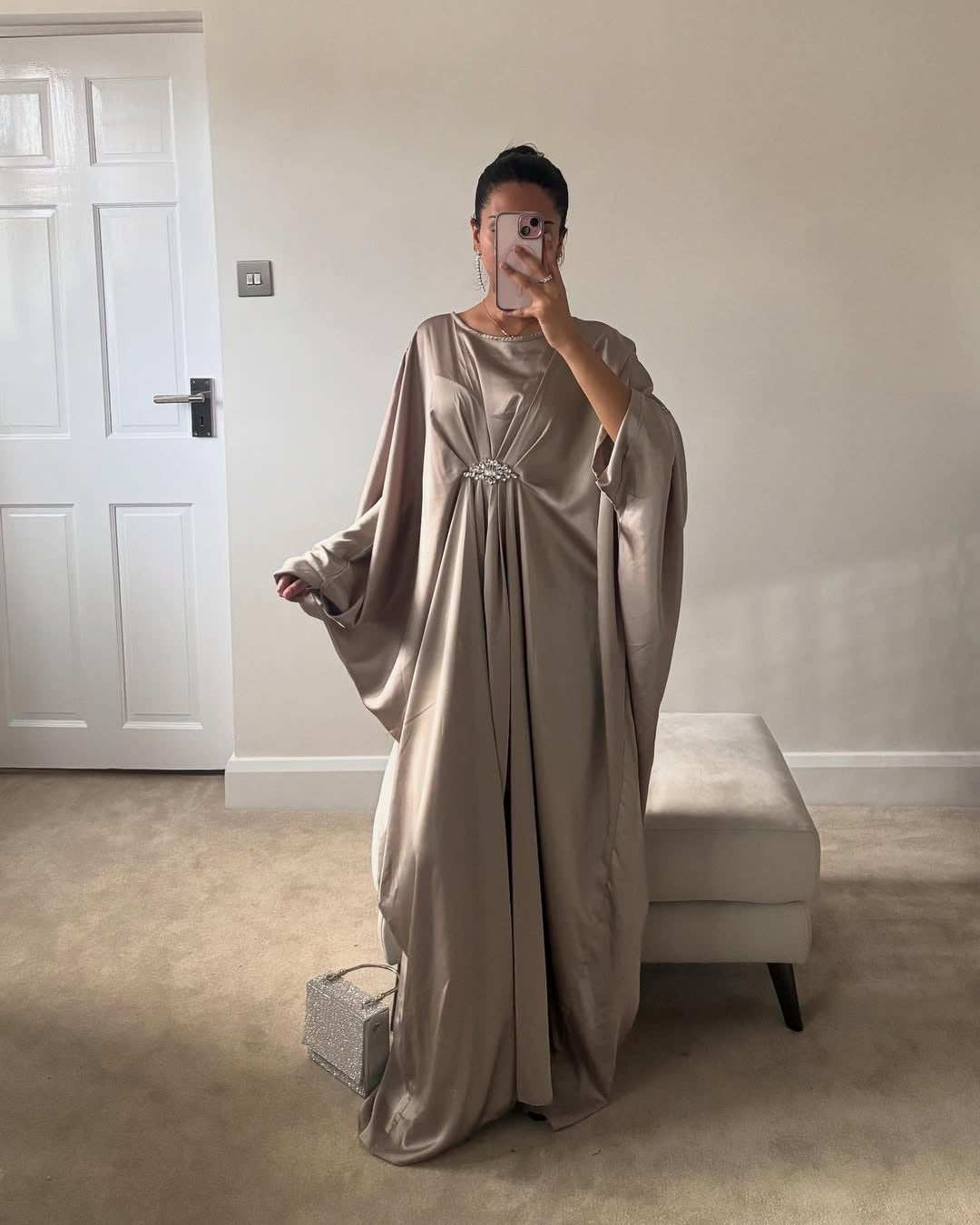 Silver Emerald Pure Silk Kaftan Gown