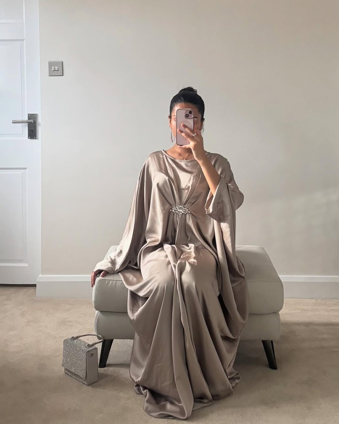 Silver Emerald Pure Silk Kaftan Gown