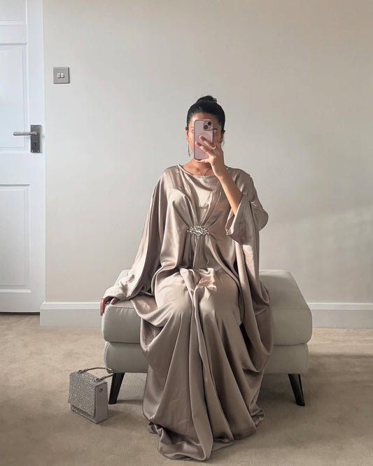 Silver Emerald Pure Silk Kaftan Gown