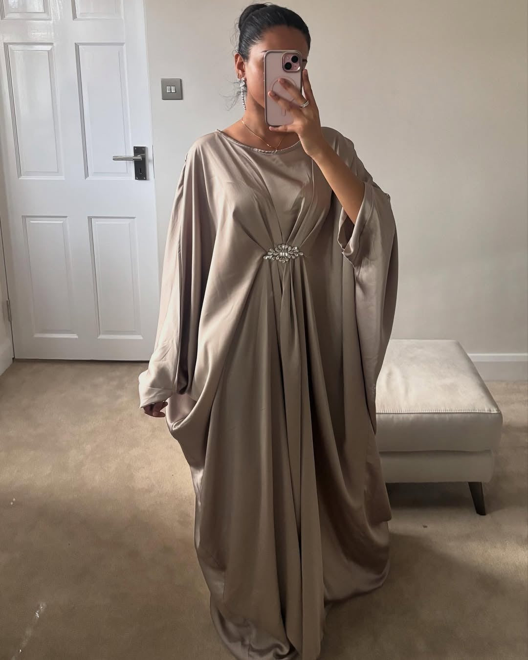Silver Emerald Pure Silk Kaftan Gown