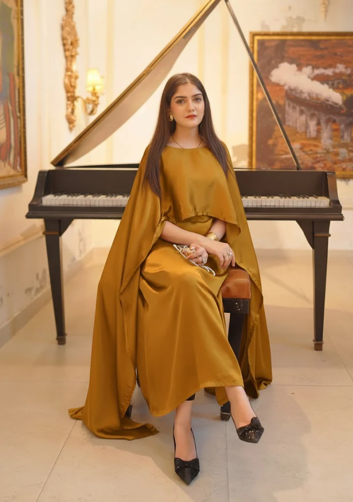 Golden Silk Cape Shawl Maxi Dress
