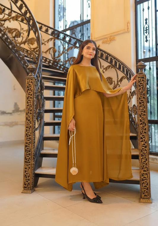 Golden Silk Cape Shawl Maxi Dress