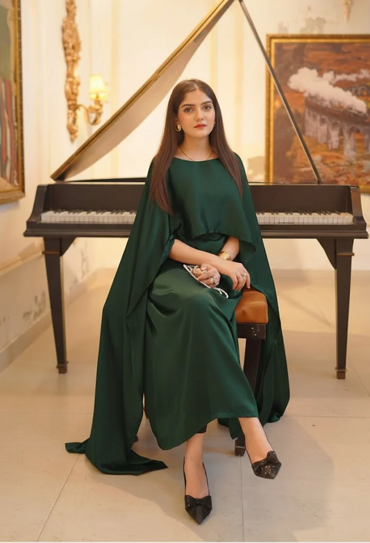 Green Silk Cape Shawl Maxi Dress