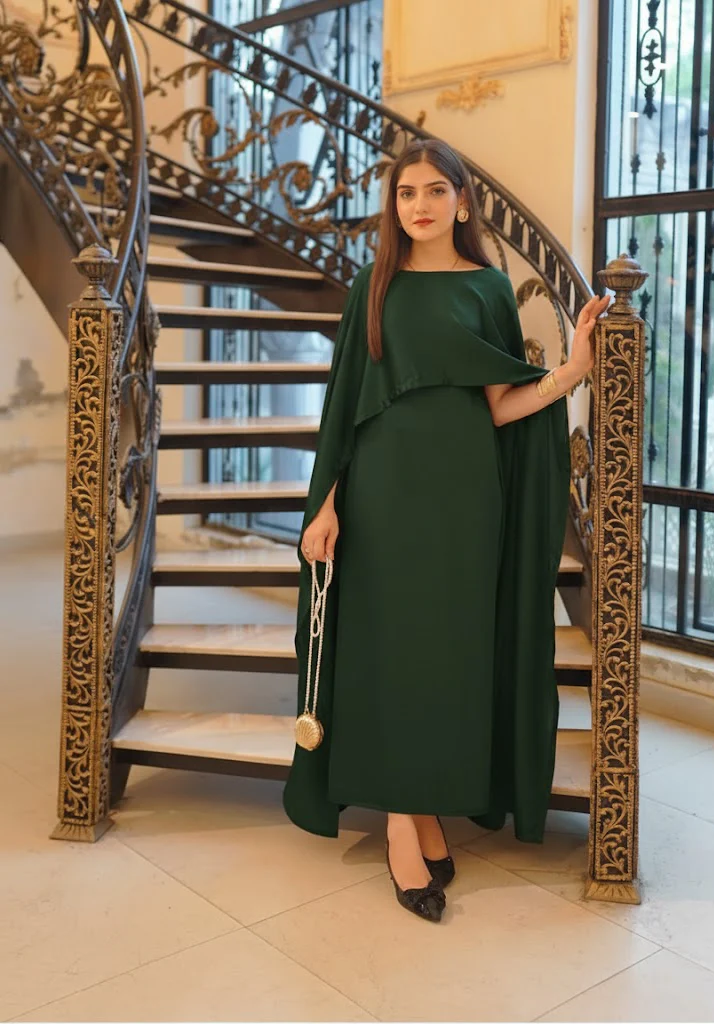 Green Silk Cape Shawl Maxi Dress