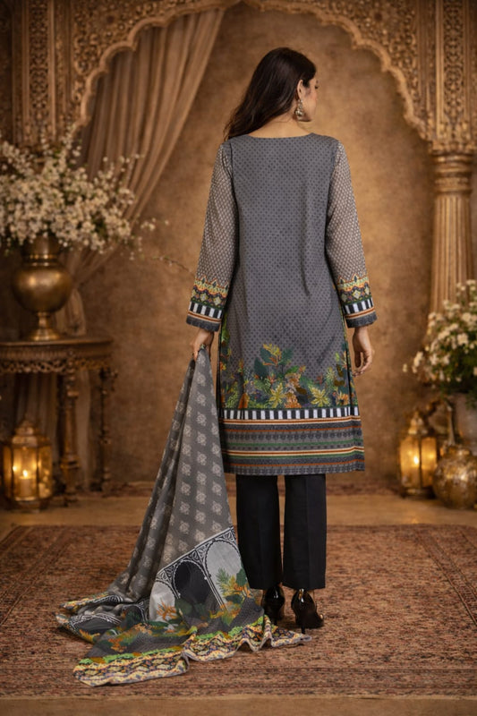 Grey Diamond Base Neon Vertical Floral Printed Kurta Set