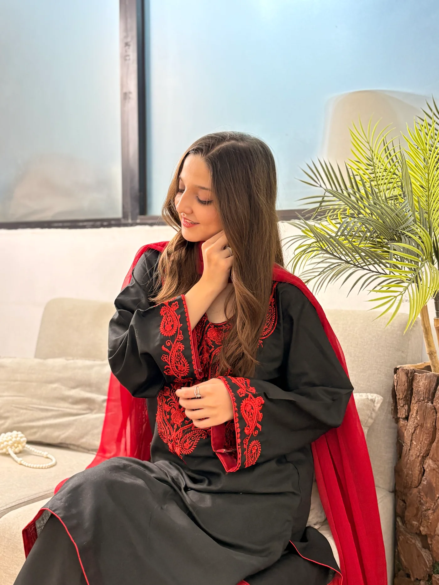 Gul E Aatish Black Base & Red  Embroidery 3 Pc Set
