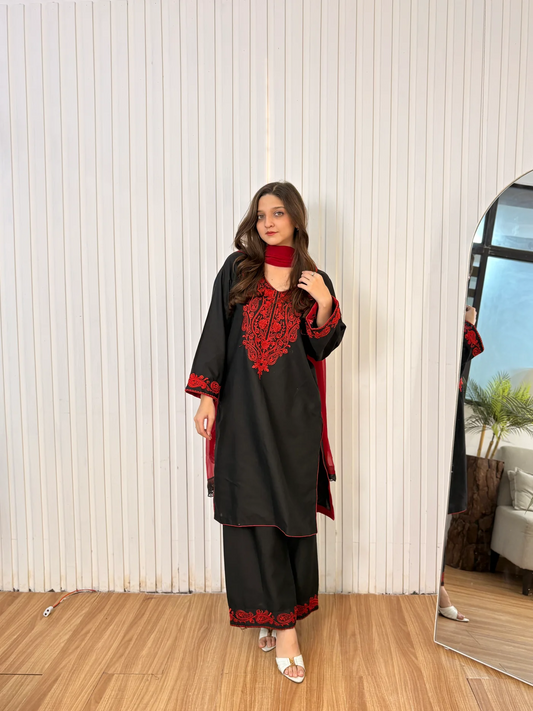 Gul E Aatish Black Base & Red  Embroidery 3 Pc Set