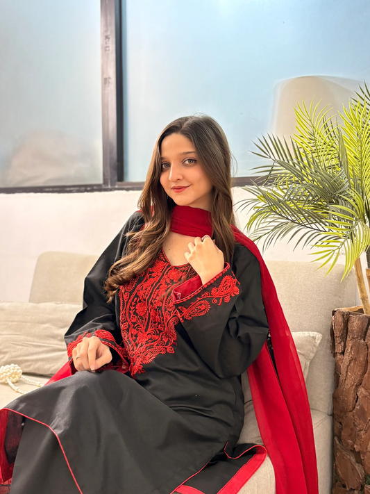 Gul E Aatish Black Base & Red  Embroidery 3 Pc Set