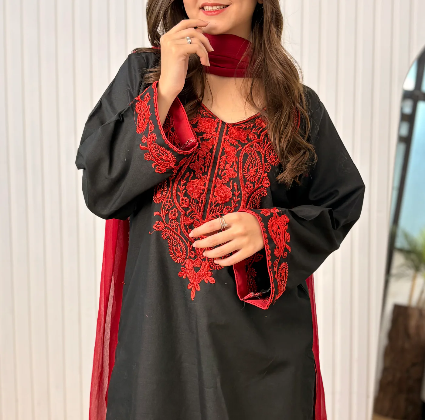 Gul E Aatish Black Base & Red  Embroidery 3 Pc Set