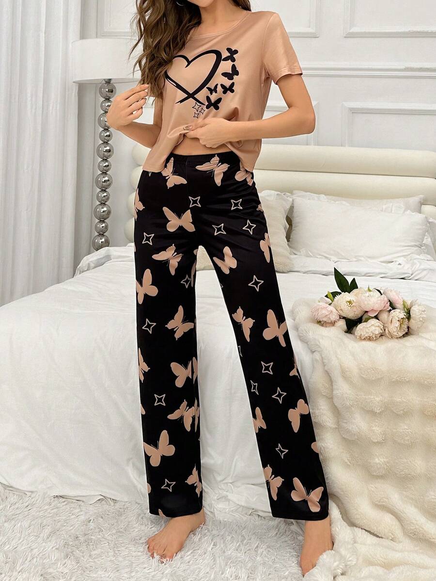 Heart and Butterfly Printed Cotton Jersey Pajama Set