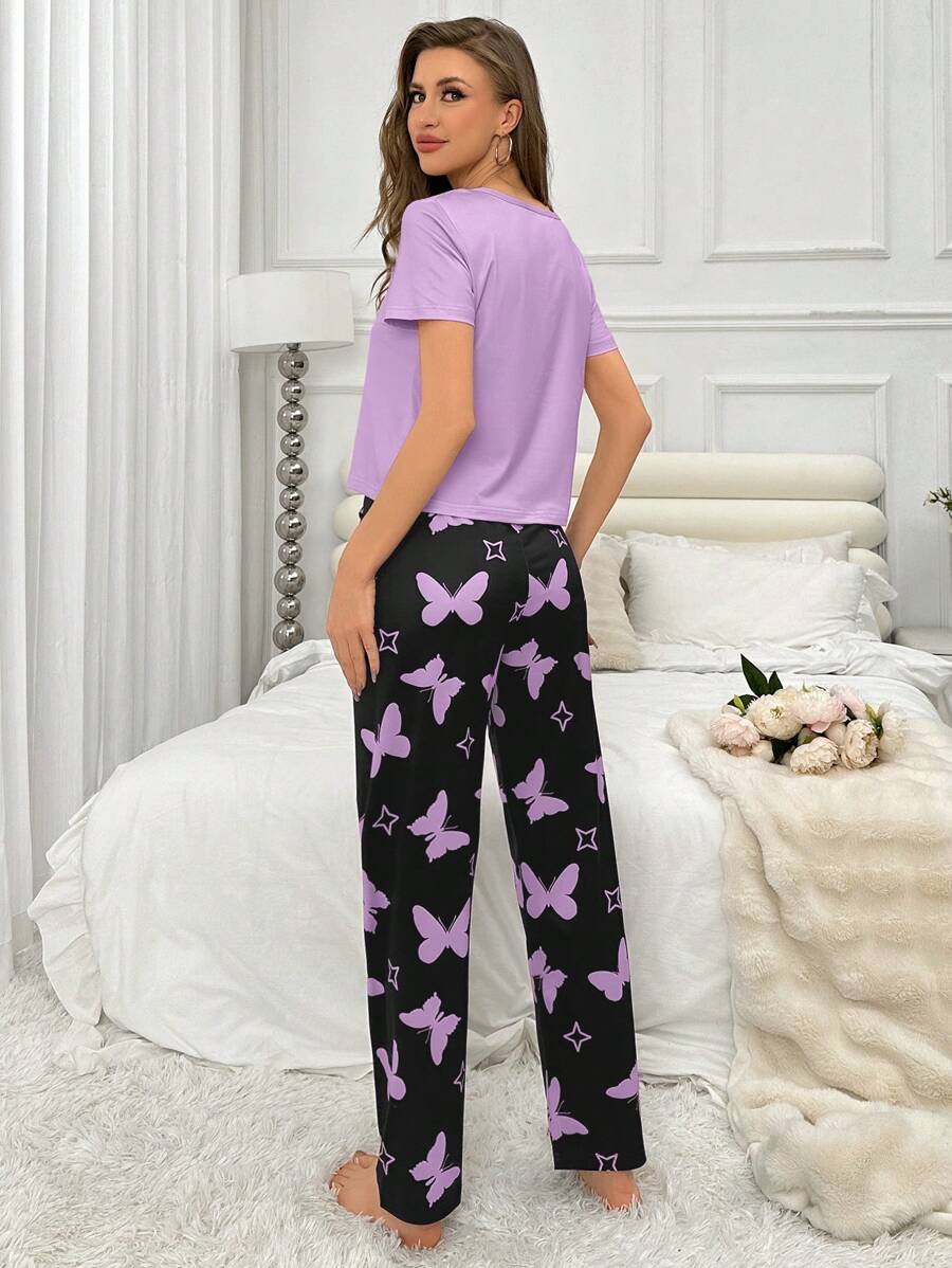 Heart and Butterfly Printed Cotton Jersey Pajama Set