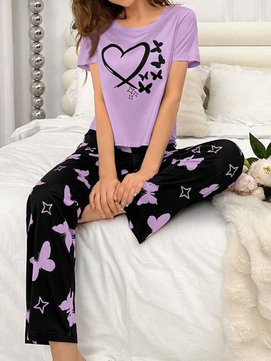 Heart and Butterfly Printed Cotton Jersey Pajama Set
