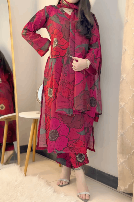 Laleen Red Lawn Printed Suit