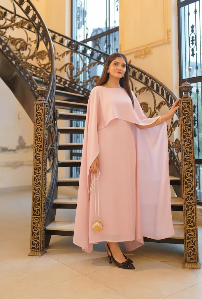 Light Pink Silk Cape Shawl Maxi Dress