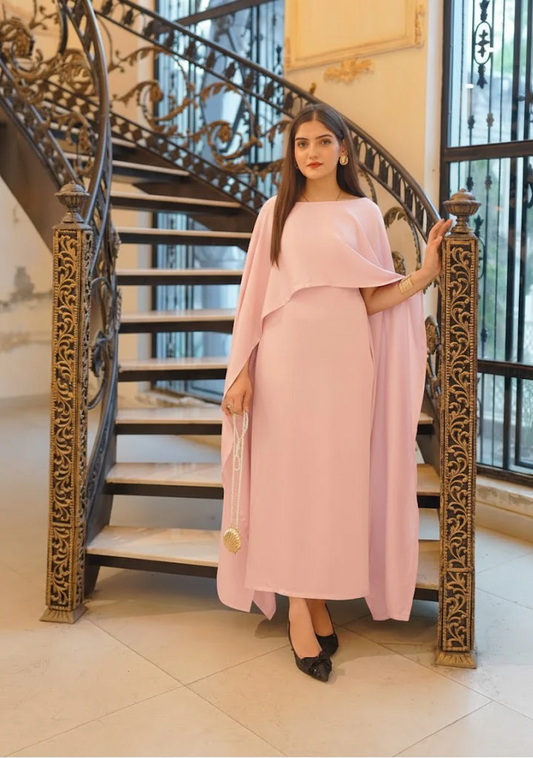 Light Pink Silk Cape Shawl Maxi Dress