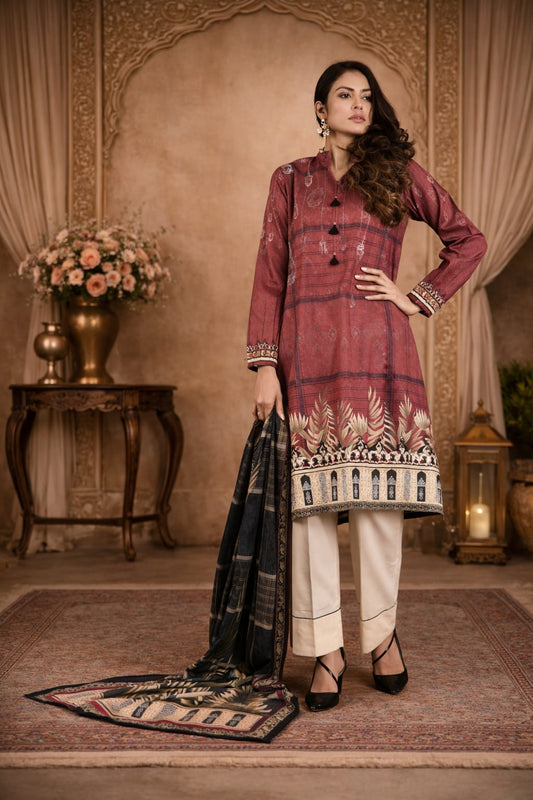 Maroon Black Garnet Grid Floral Border Printed Kurta Set