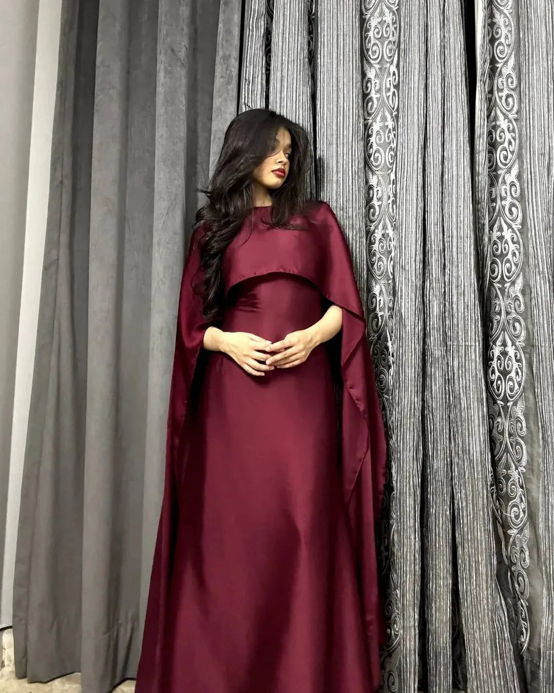 Maroon Silk Cape Shawl Maxi Dress