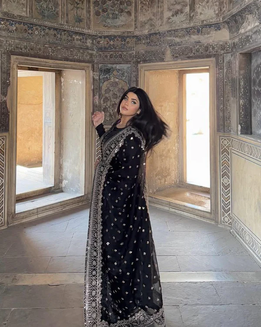 Mehr E Noor Black Shirt with Gold Tilla Embroidery Dupatta