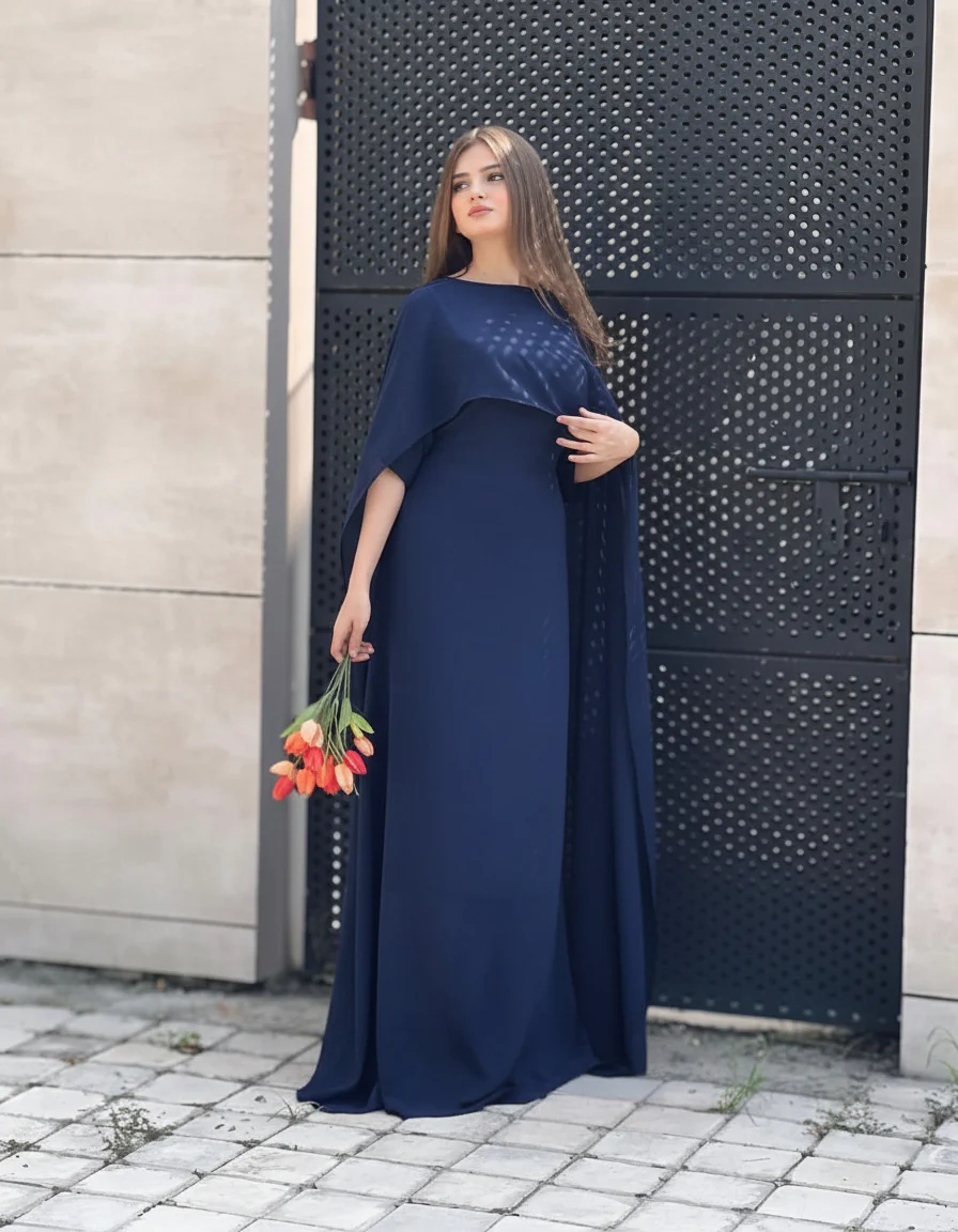 Navy Blue Silk Cape Shawl Maxi Dress