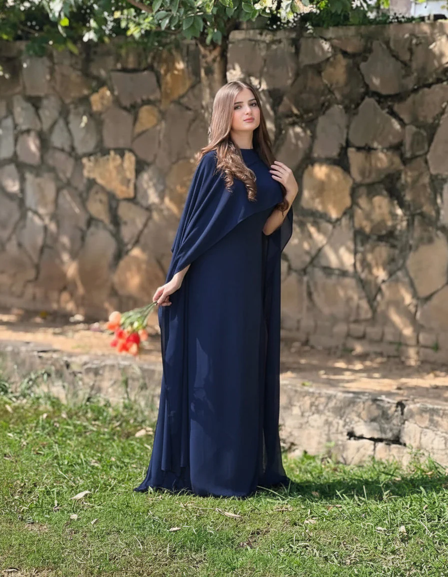 Navy Blue Silk Cape Shawl Maxi Dress