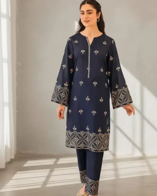 Navy Blue Silk Embroidery 2pc
