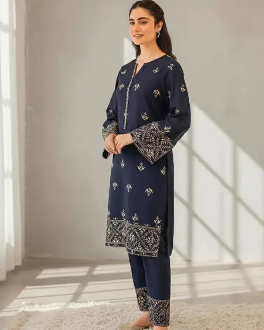 Navy Blue Silk Embroidery 2pc