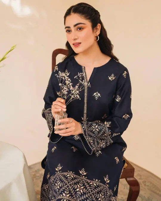 Navy Blue Silk Embroidery 2pc