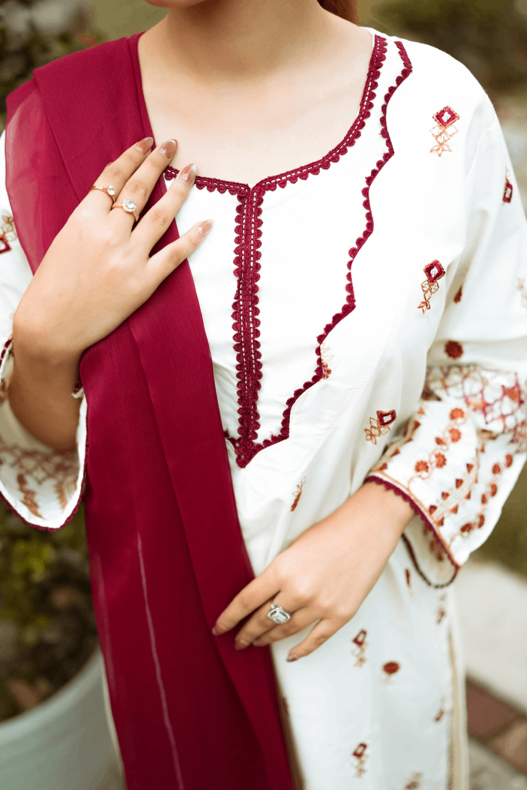 Noor-E-Riwaayat White and Red Embroidery Cotton