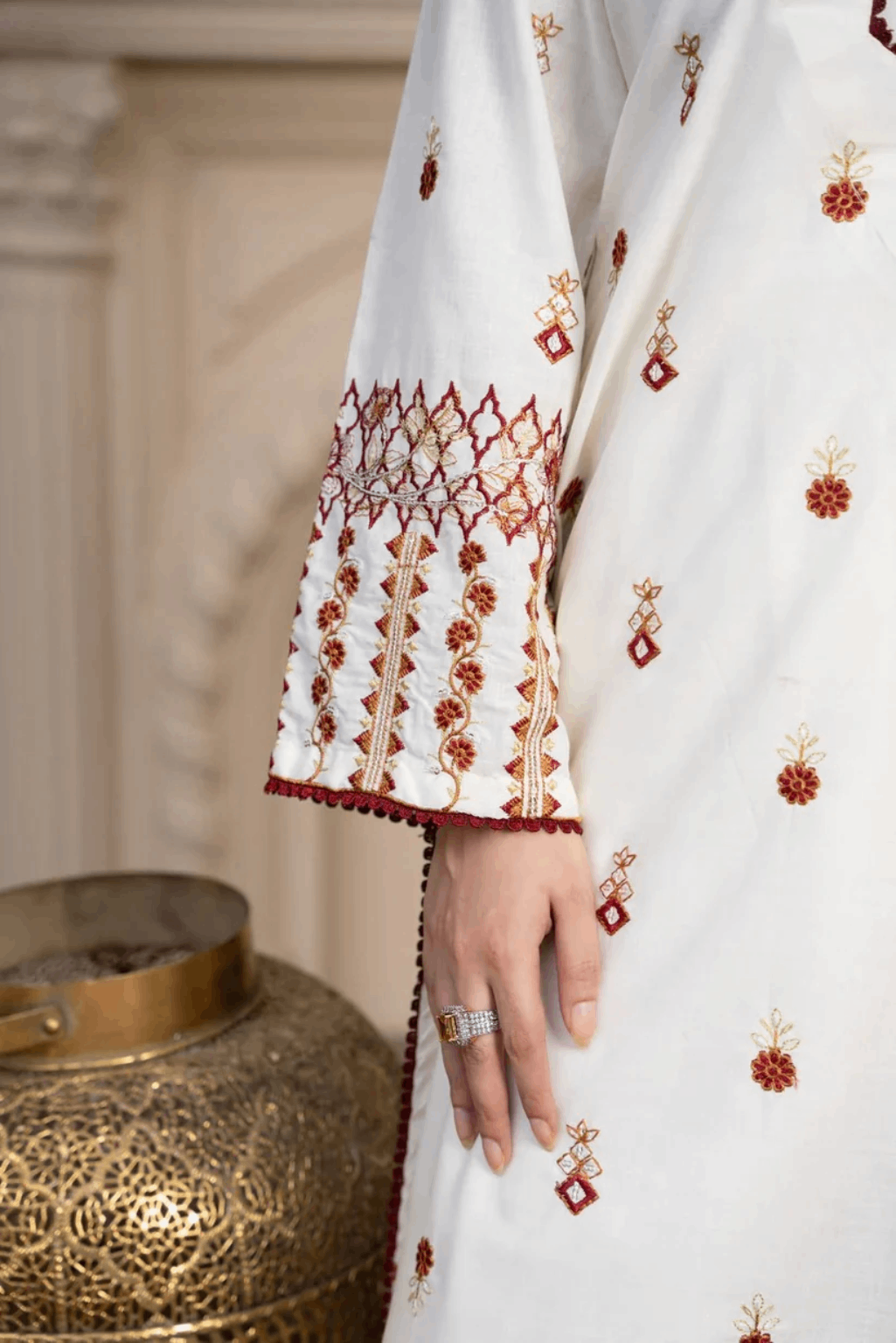 Noor-E-Riwaayat White and Red Embroidery Cotton