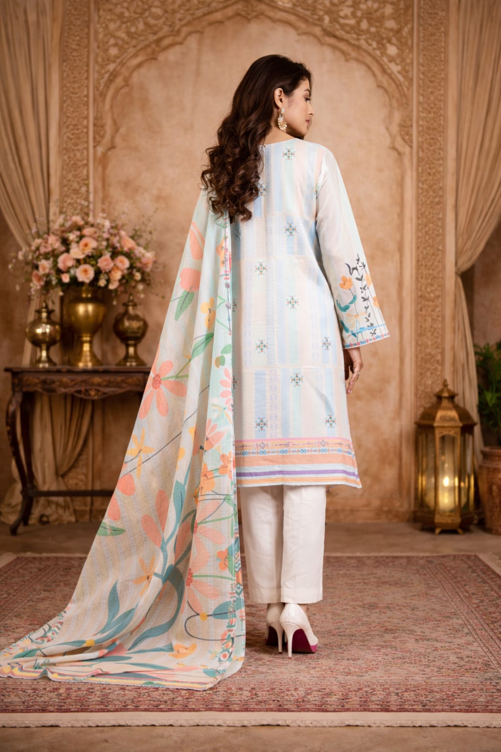 Pastel Green Base Peach Floral Printed Kurta Set