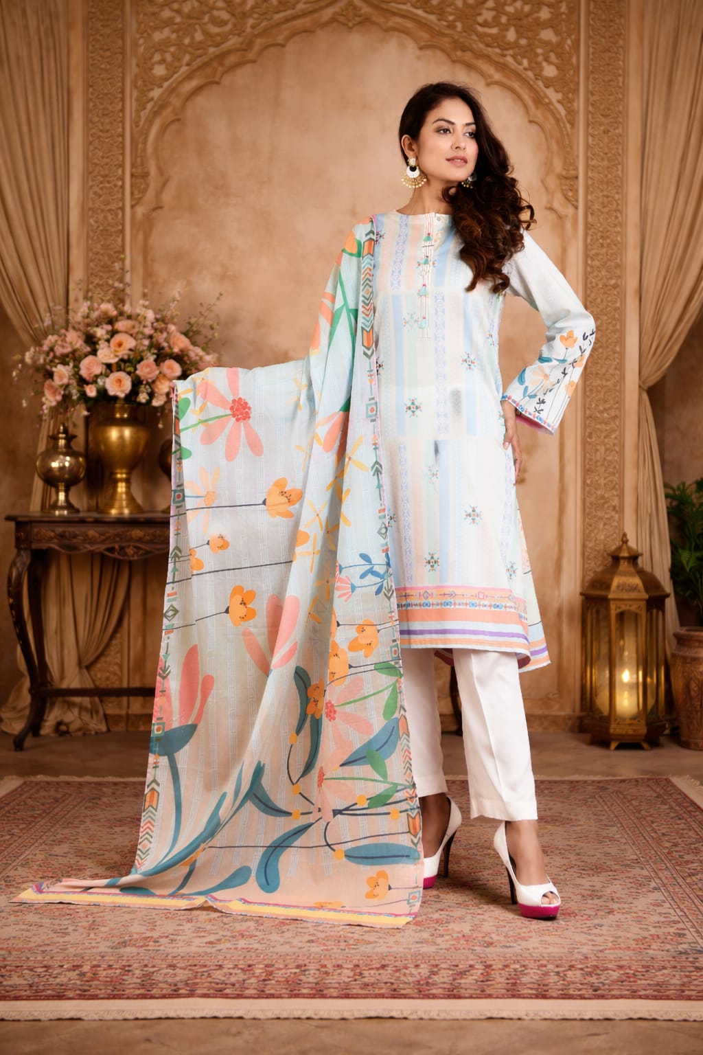 Pastel Green Base Peach Floral Printed Kurta Set