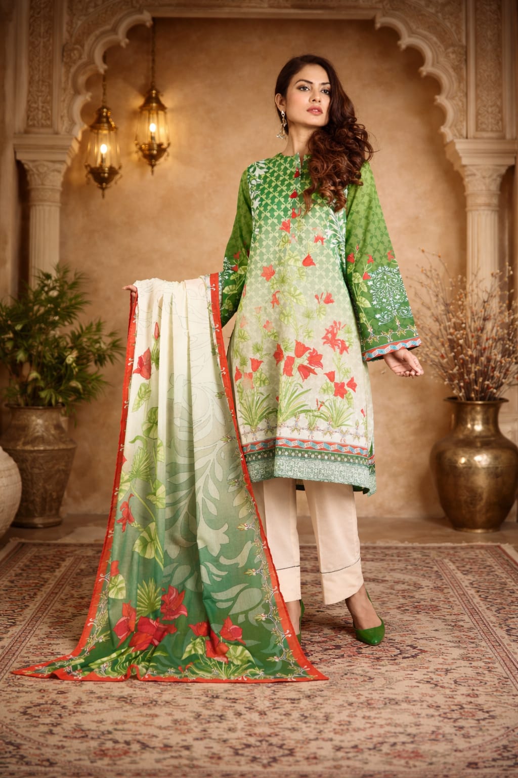 Pastel Green Floral Vine Garden Printed Kurta Set