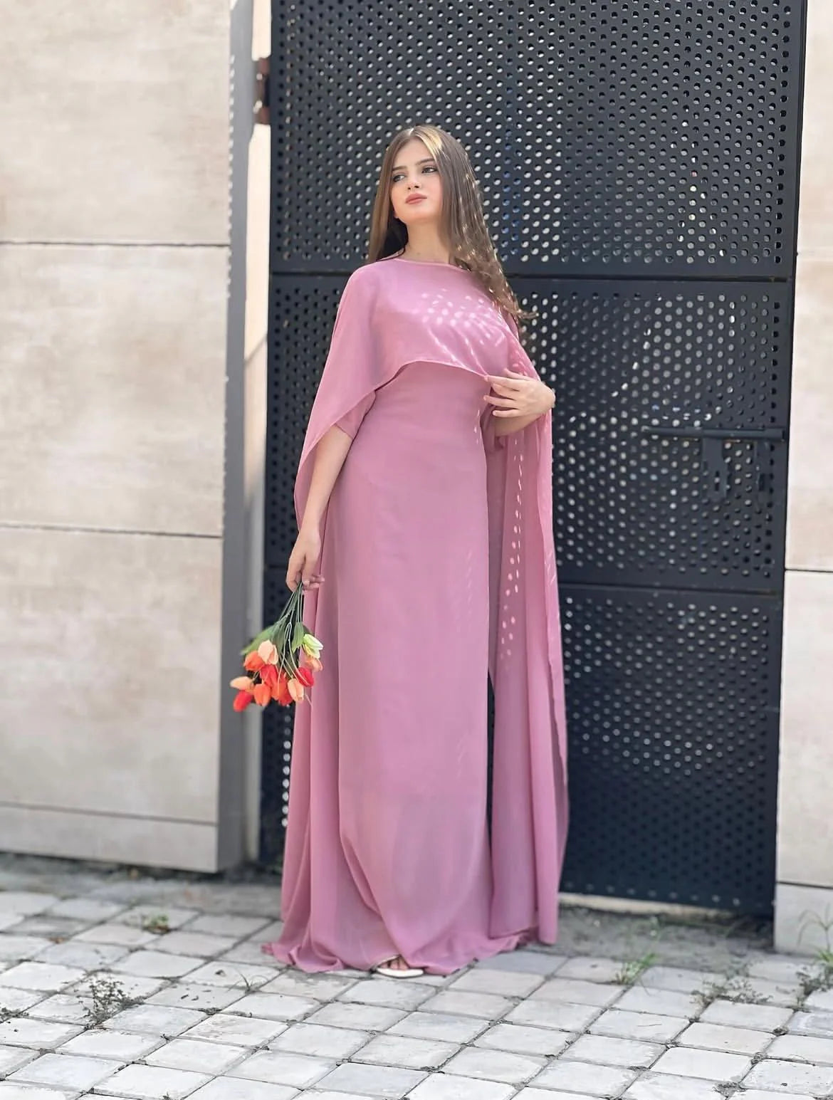 Pink Silk Cape Shawl Maxi Dress
