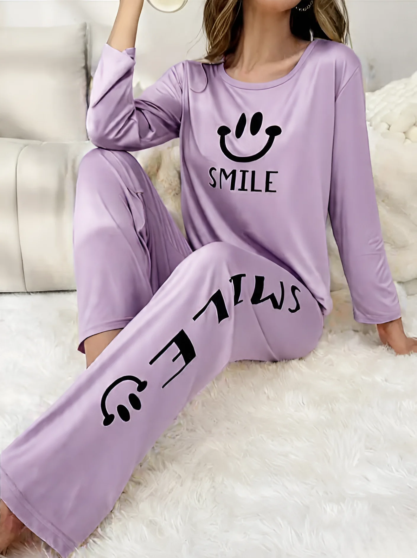 Womens Smile Printed Cotton Jersey Pajama Set