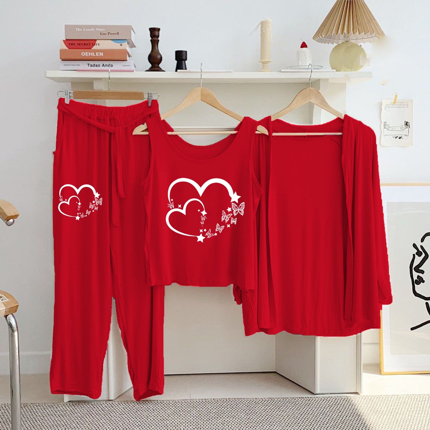 Red Cotton Jersey Printed Night Suit 3 Piece