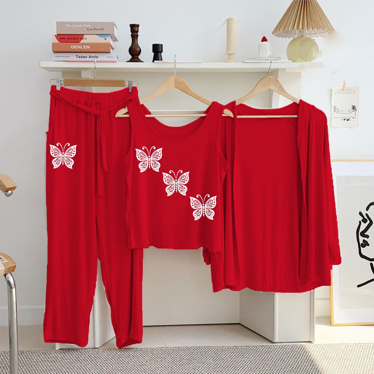 Red Cotton Jersey Printed Night Suit 3 Piece