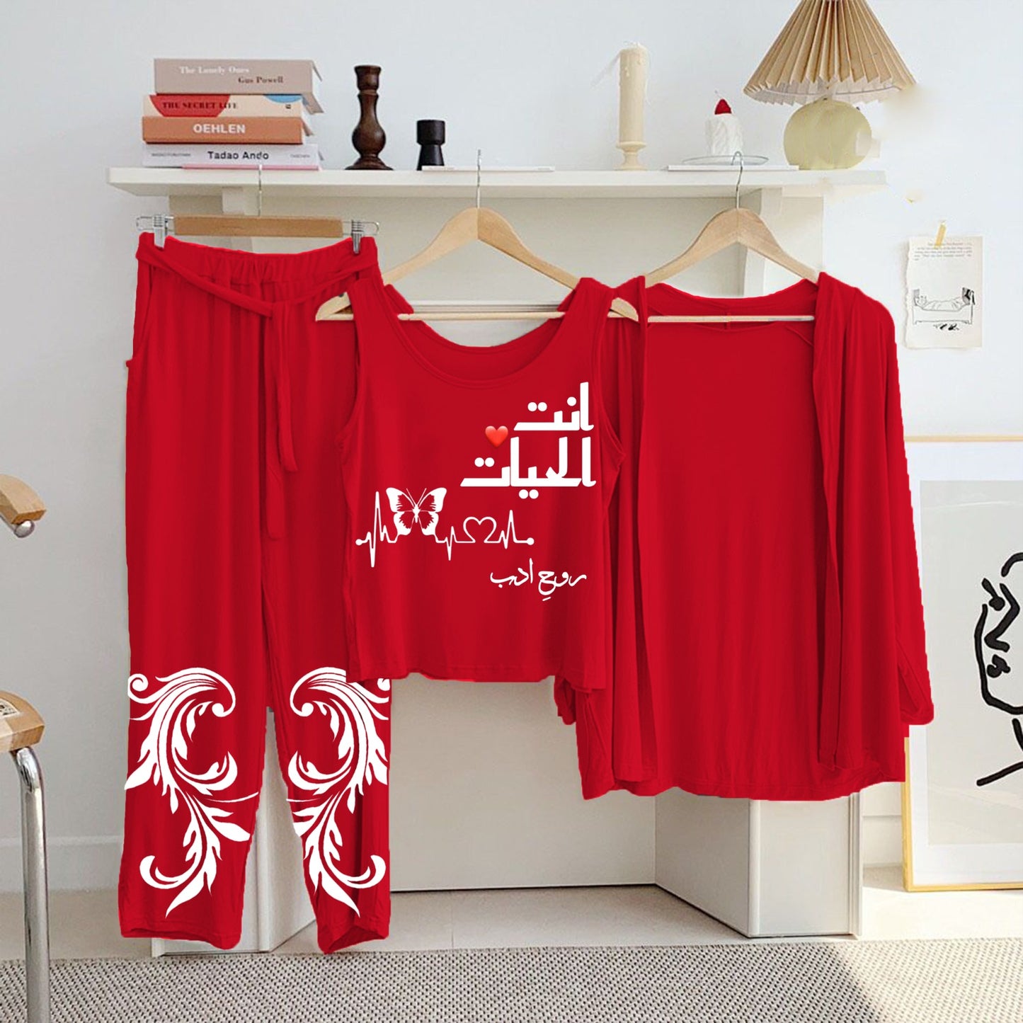 Red Cotton Jersey Printed Night Suit 3 Piece