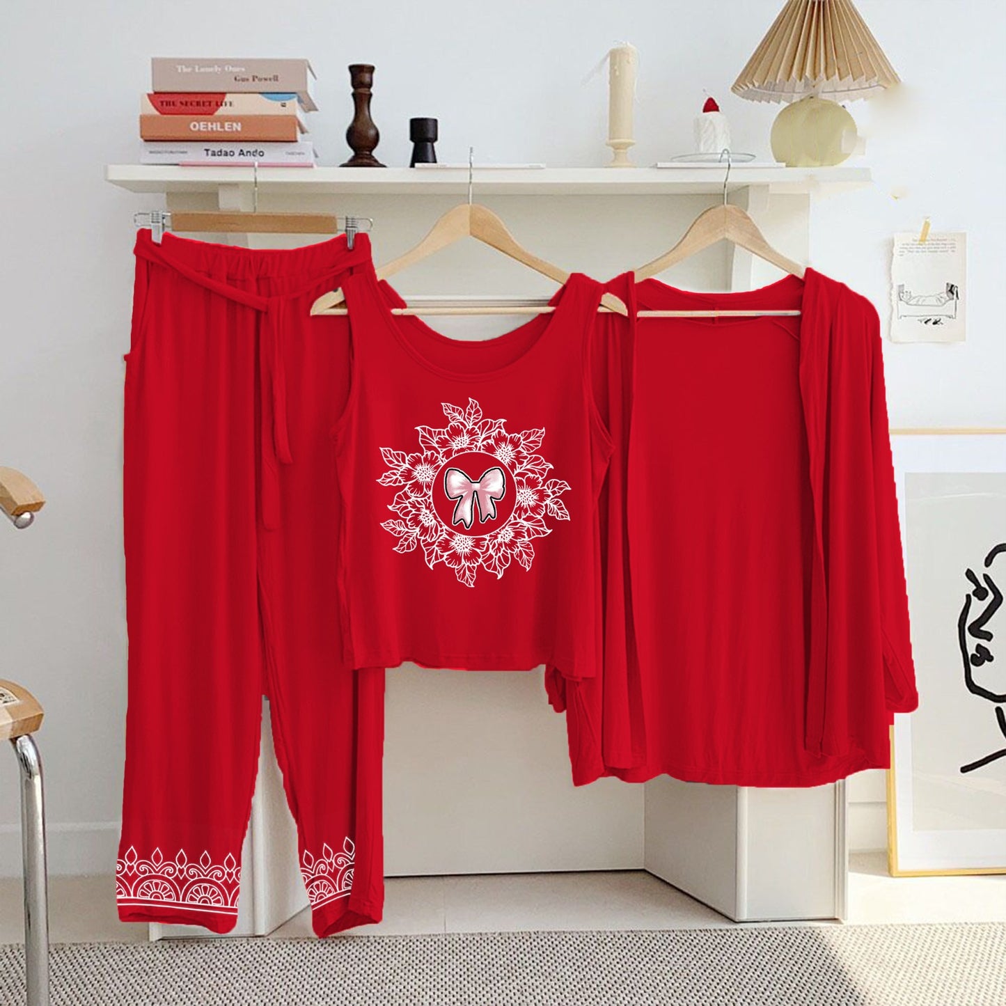 Red Cotton Jersey Printed Night Suit 3 Piece