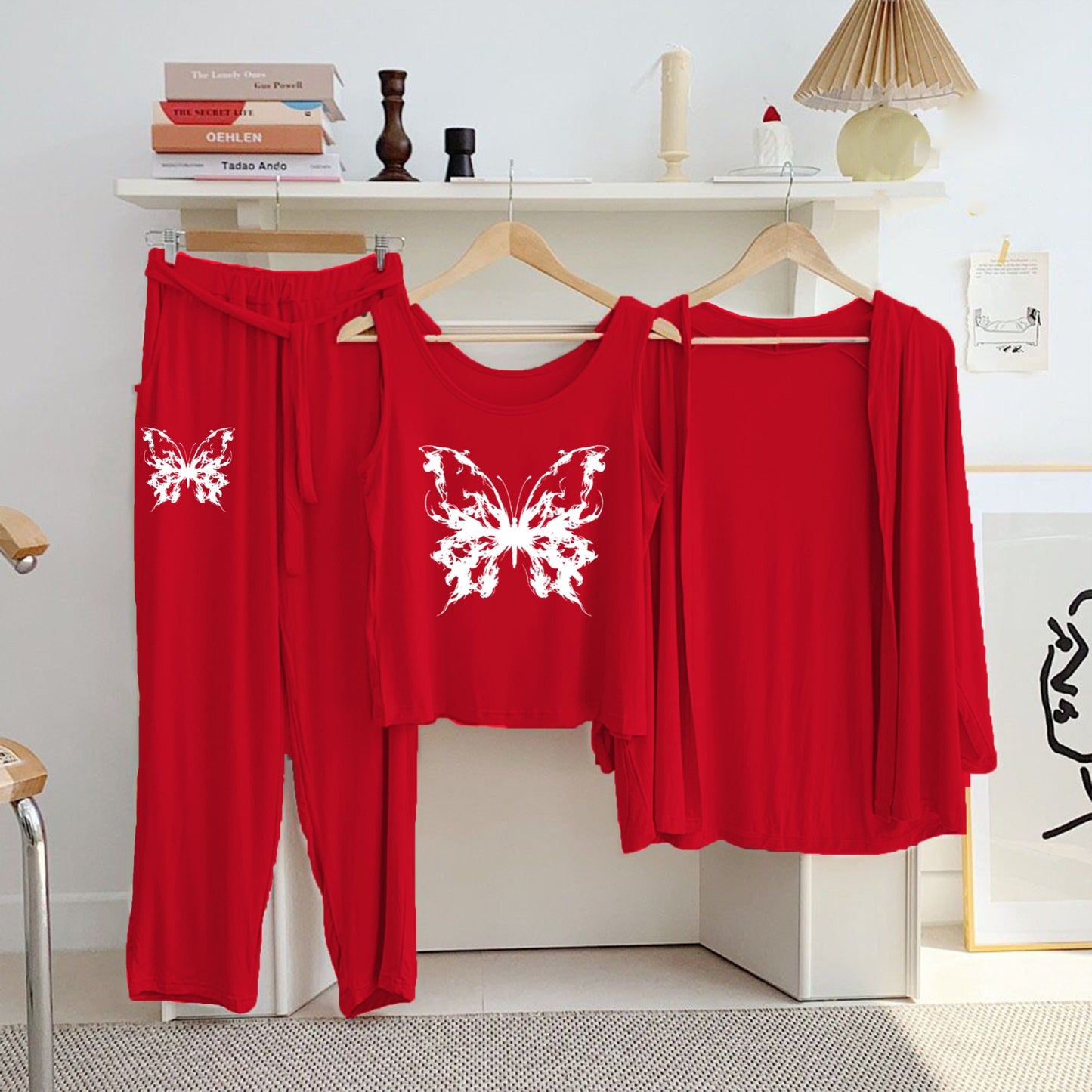 Red Cotton Jersey Printed Night Suit 3 Piece